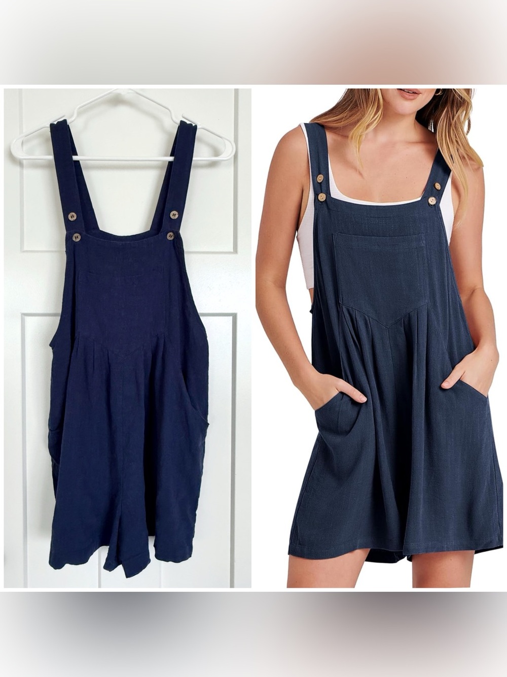 Navy Linen Blend Overall Romper Shortalls Size Small